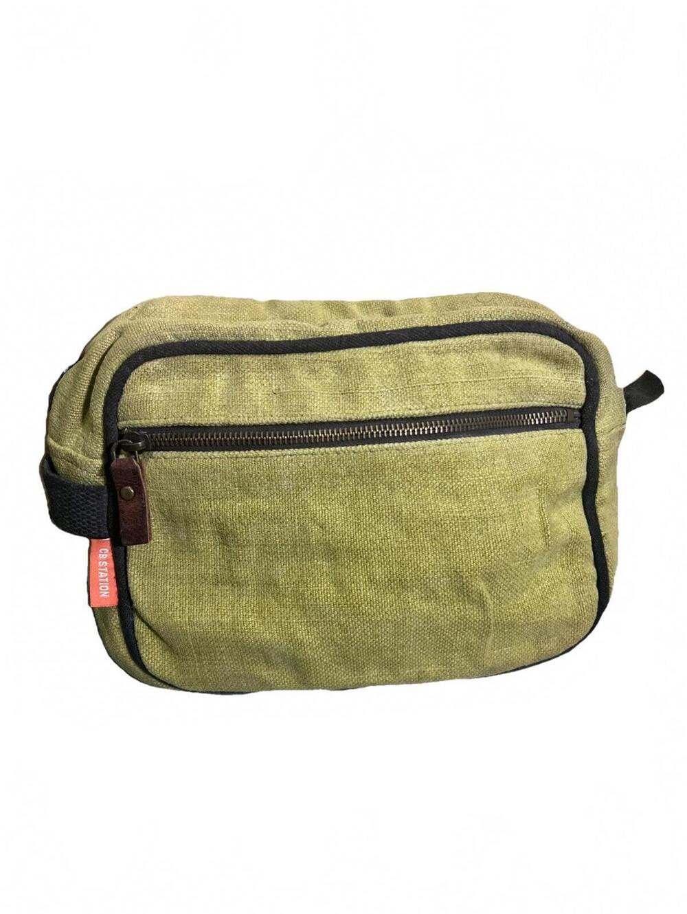 CB Station Olive Green Yellow Cotton Canvas Top Zip Dopp Kit Travel Bag